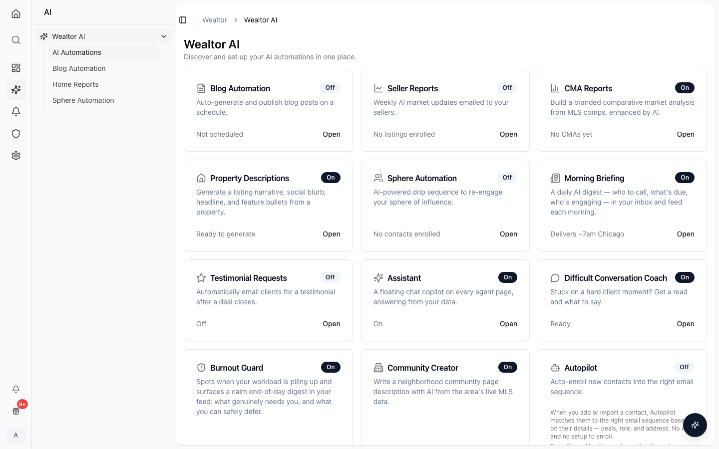 The Wealtor AI assistant panel with its built-in agents