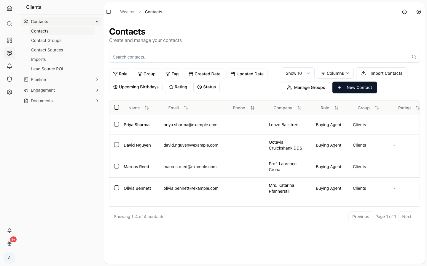 The contacts list with roles, groups, and sources