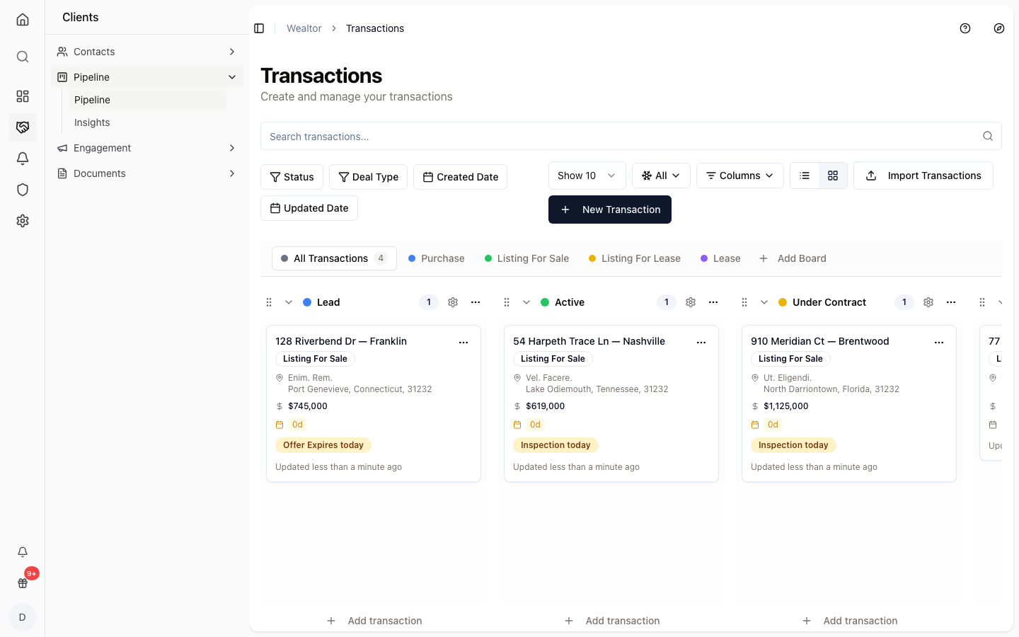 The Wealtor transaction pipeline with deals across stages