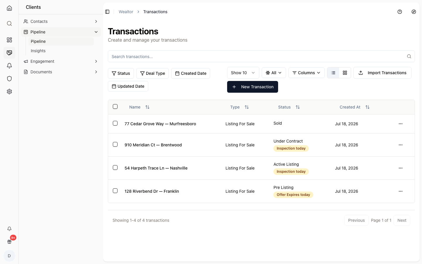 The transaction pipeline list with deal stages