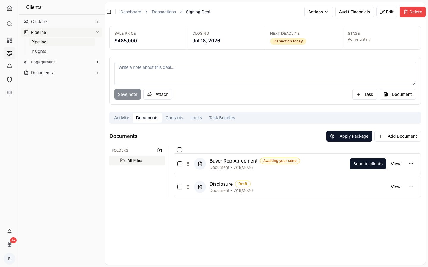Sending a document for signature from within a deal