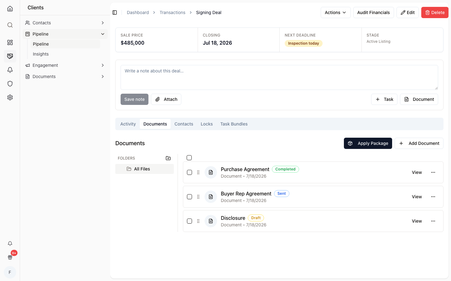 The Wealtor e-signing view inside a transaction