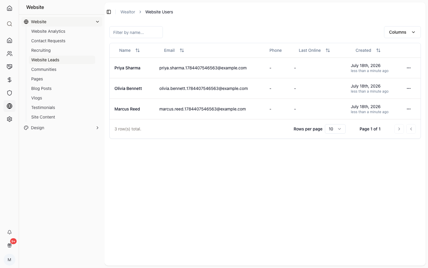 Website leads flowing into the CRM with visitor analytics