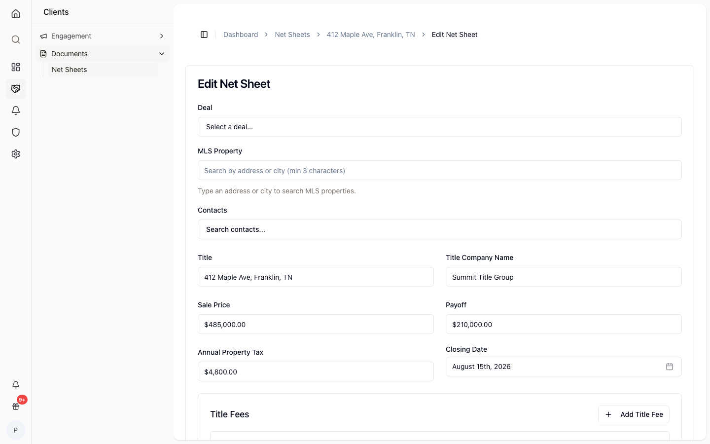 The net sheet cost entry fields for a listing