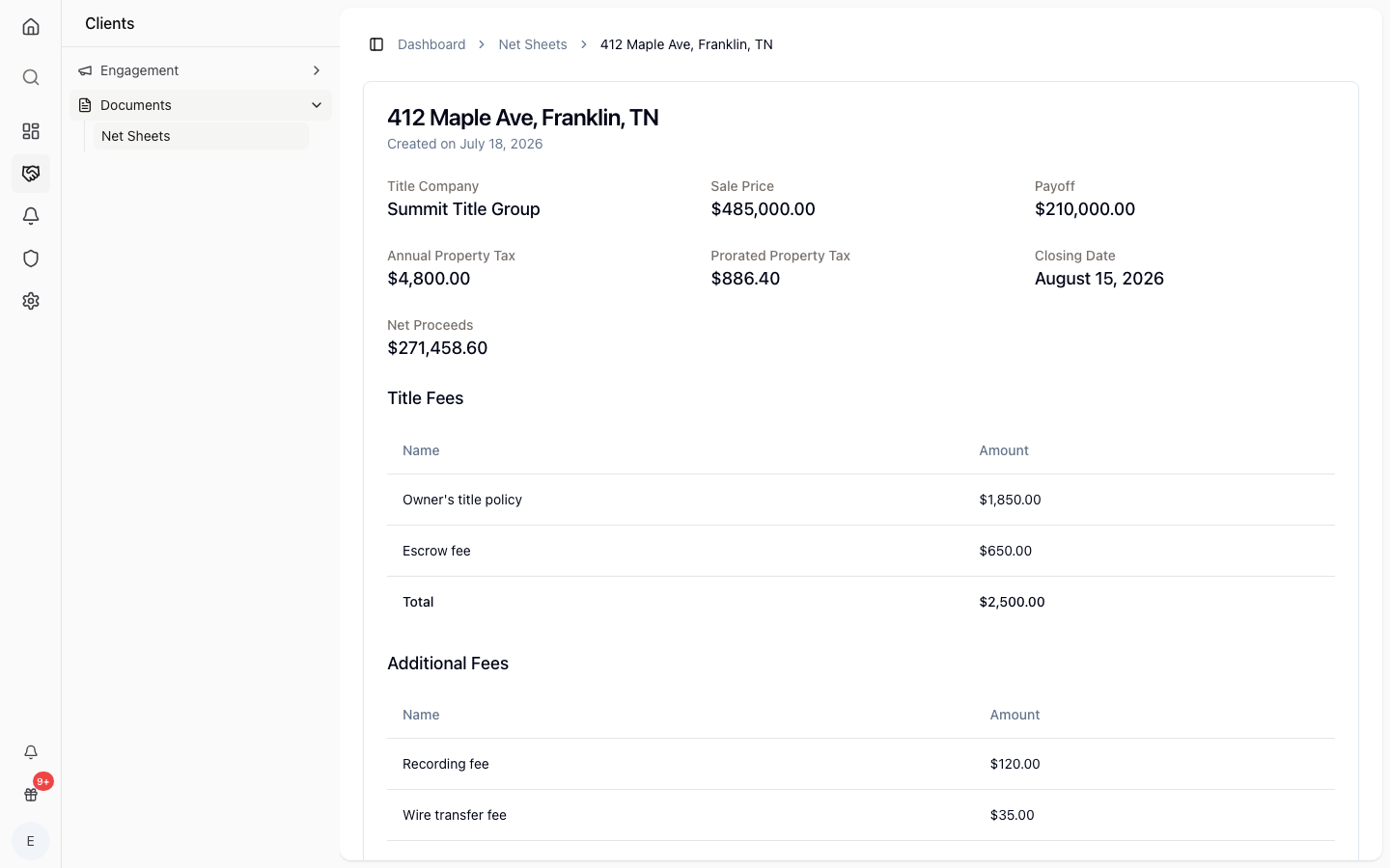 The Wealtor seller net sheet showing estimated proceeds