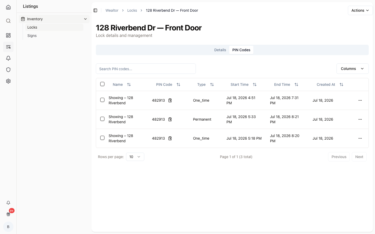 A generated smart-lock access code tied to a showing window