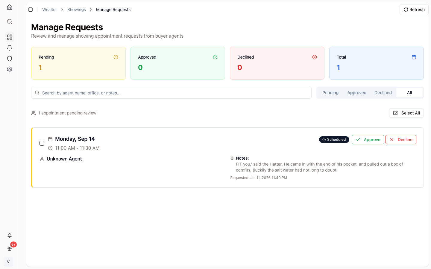 A showing request awaiting approval on the agent calendar